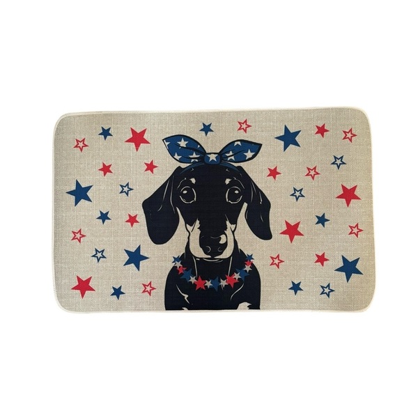 4th of July Dachshund Dog Patriotic Stars Welcome Kitchen Mat Tan Burlap 27X17” - Picture 1 of 3